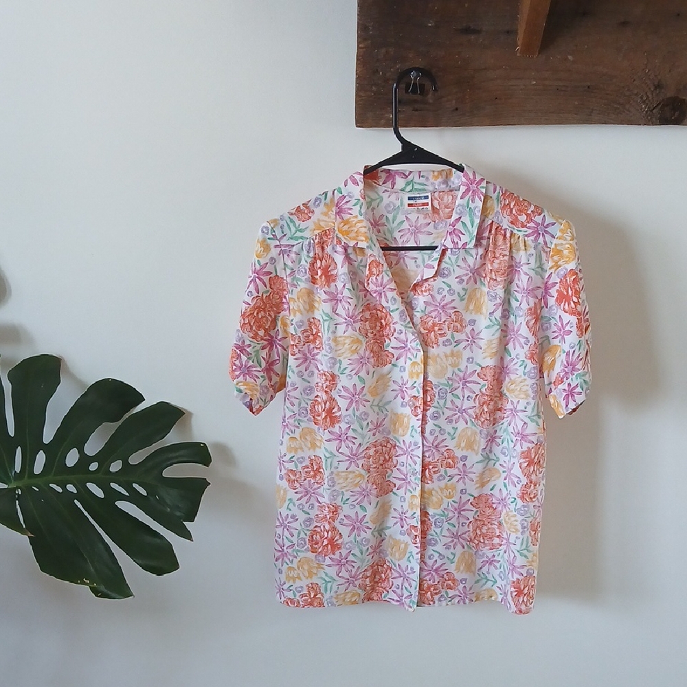 Lightweight Floral Button-Up Top - Pink & Orange